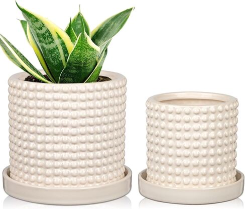 DILATATA Set of 2 Ceramic Planter Pots with Drainage Hole and Saucer, Round Flower Pot Hobnail Modern Planter Pots for Indoor & Outdoor Plants - 4 Inch & 6 Inch, Blue in Kuwait