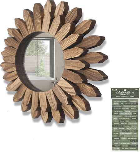 CEYAZYE مرآة حائط خشبية ديكور، مرآة خشبية ريفية ديكور 12 بوصة/30 سم Sunburst Boho مرايا معلقة لغرفة النوم وغرفة المعيشة والحمام ومدخل المزرعة هدية منزلية مع ملصقات لطيفة in Kuwait