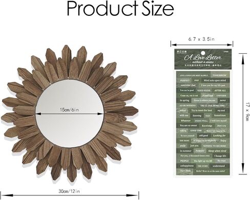 CEYAZYE مرآة حائط خشبية ديكور، مرآة خشبية ريفية ديكور 12 بوصة/30 سم Sunburst Boho مرايا معلقة لغرفة النوم وغرفة المعيشة والحمام ومدخل المزرعة هدية منزلية مع ملصقات لطيفة in Kuwait