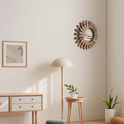 CEYAZYE مرآة حائط خشبية ديكور، مرآة خشبية ريفية ديكور 12 بوصة/30 سم Sunburst Boho مرايا معلقة لغرفة النوم وغرفة المعيشة والحمام ومدخل المزرعة هدية منزلية مع ملصقات لطيفة in Kuwait