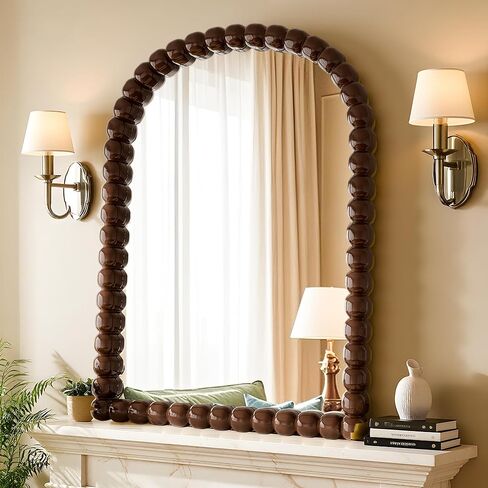 30"×38" Brown Arched Bathroom Vanity Mirror, Vintage Beaded Decorative Wall Mounted Makeup Mirror, as Wall Decor Hanging Leaning for Fireplace Mantle, Living Room, Bedroom, Vanity Area in Kuwait