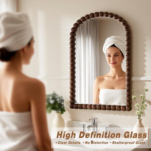 30"×38" Brown Arched Bathroom Vanity Mirror, Vintage Beaded Decorative Wall Mounted Makeup Mirror, as Wall Decor Hanging Leaning for Fireplace Mantle, Living Room, Bedroom, Vanity Area in Kuwait