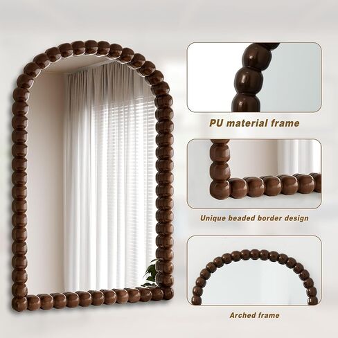 30"×38" Brown Arched Bathroom Vanity Mirror, Vintage Beaded Decorative Wall Mounted Makeup Mirror, as Wall Decor Hanging Leaning for Fireplace Mantle, Living Room, Bedroom, Vanity Area in Kuwait