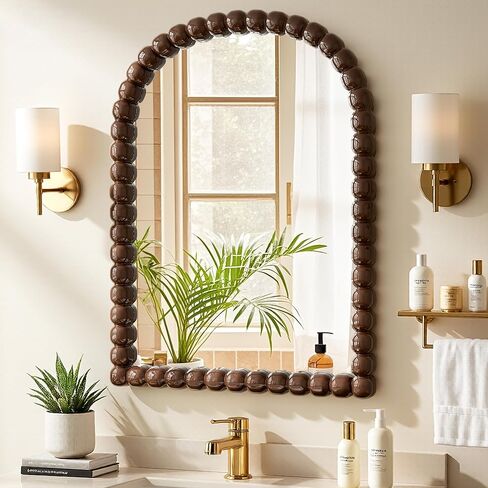 30"×38" Brown Arched Bathroom Vanity Mirror, Vintage Beaded Decorative Wall Mounted Makeup Mirror, as Wall Decor Hanging Leaning for Fireplace Mantle, Living Room, Bedroom, Vanity Area in Kuwait
