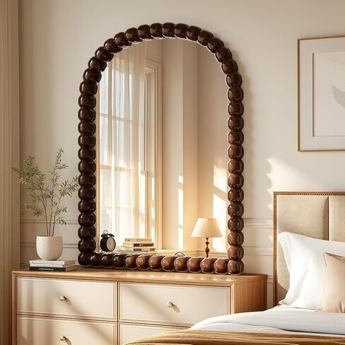 30"×38" Brown Arched Bathroom Vanity Mirror, Vintage Beaded Decorative Wall Mounted Makeup Mirror, as Wall Decor Hanging Leaning for Fireplace Mantle, Living Room, Bedroom, Vanity Area in Kuwait