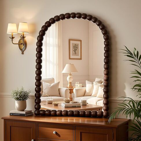 30"×38" Brown Arched Bathroom Vanity Mirror, Vintage Beaded Decorative Wall Mounted Makeup Mirror, as Wall Decor Hanging Leaning for Fireplace Mantle, Living Room, Bedroom, Vanity Area in Kuwait