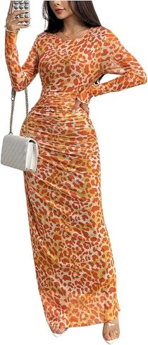 Women's Y2k Leopard Print Mesh Sheer Bodycon Maxi Dresses Cheetah Long Sleeve Elegant Formal Wedding Guest Dress in Kuwait