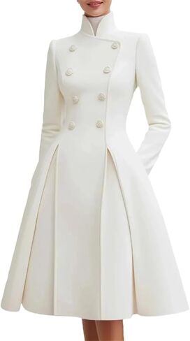Women's British Style Buttoned Stand Collar Long Sleeve Midi Dress High Pleated for Evening A Line Wear in Saudi Arabia