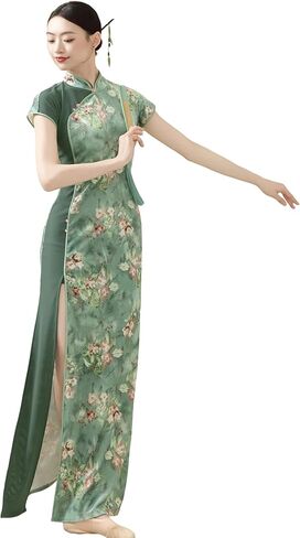 ROYAL SMEELA Floral Print Long Qipao Women's Dress Modern Chinese Maxi Cheongsam High Slit Short Sleeve Traditional Collar in Saudi Arabia