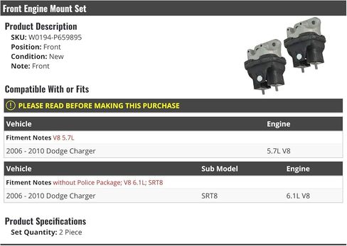 حامل المحرك الأمامي - مجموعة من 2 - متوافق مع 2006-2010 دودج تشارجر SRT8 5.7L 6.1L V8 in Saudi Arabia