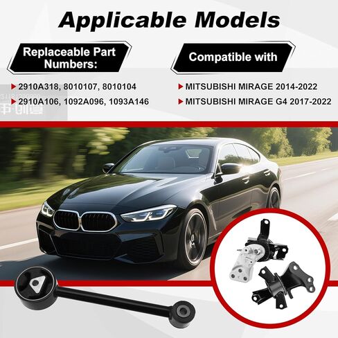 3 PCS Engine Motor Mount and Trans Mount Compatible with Mitsubishi Mirage 2014-2022 Mirage G4 1.2L 2017-2022, Transmission/Right Side Motor and Bone Mount Strud, 1093A146 2910A106 1092A096 2910A317 in Kuwait