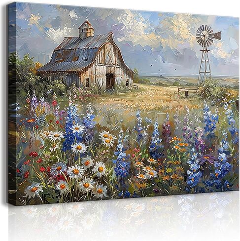 Barn Windmill Canvas Wall Art Blue Country Wildflowers Meadow Wall Decor Country Farmhouse Landscape Picture Poster Print for Kitchen Living Room Bedroom Ready to Hang (12x16in Canvas) in Saudi Arabia