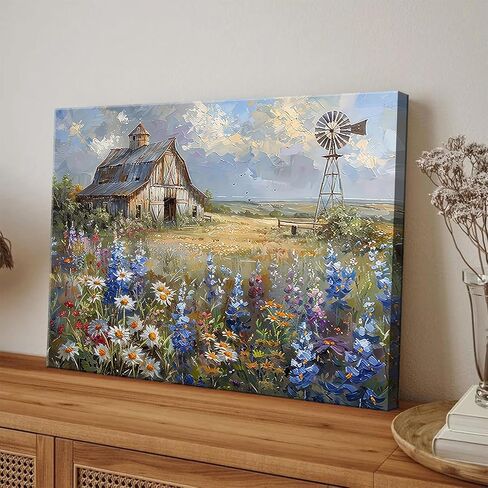 Barn Windmill Canvas Wall Art Blue Country Wildflowers Meadow Wall Decor Country Farmhouse Landscape Picture Poster Print for Kitchen Living Room Bedroom Ready to Hang (12x16in Canvas) in Saudi Arabia