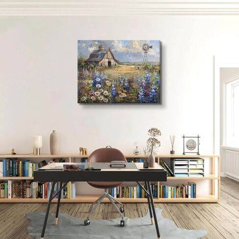 Barn Windmill Canvas Wall Art Blue Country Wildflowers Meadow Wall Decor Country Farmhouse Landscape Picture Poster Print for Kitchen Living Room Bedroom Ready to Hang (12x16in Canvas) in Saudi Arabia