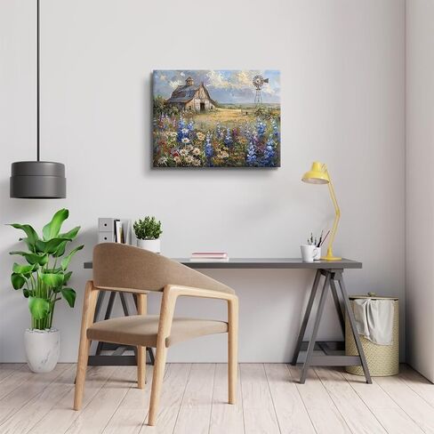 Barn Windmill Canvas Wall Art Blue Country Wildflowers Meadow Wall Decor Country Farmhouse Landscape Picture Poster Print for Kitchen Living Room Bedroom Ready to Hang (12x16in Canvas) in Saudi Arabia