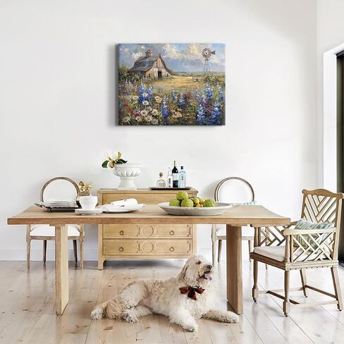 Barn Windmill Canvas Wall Art Blue Country Wildflowers Meadow Wall Decor Country Farmhouse Landscape Picture Poster Print for Kitchen Living Room Bedroom Ready to Hang (12x16in Canvas) in Saudi Arabia