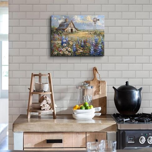 Barn Windmill Canvas Wall Art Blue Country Wildflowers Meadow Wall Decor Country Farmhouse Landscape Picture Poster Print for Kitchen Living Room Bedroom Ready to Hang (12x16in Canvas) in Saudi Arabia