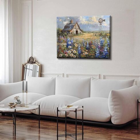 Barn Windmill Canvas Wall Art Blue Country Wildflowers Meadow Wall Decor Country Farmhouse Landscape Picture Poster Print for Kitchen Living Room Bedroom Ready to Hang (12x16in Canvas) in Saudi Arabia