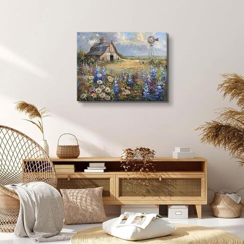 Barn Windmill Canvas Wall Art Blue Country Wildflowers Meadow Wall Decor Country Farmhouse Landscape Picture Poster Print for Kitchen Living Room Bedroom Ready to Hang (12x16in Canvas) in Saudi Arabia