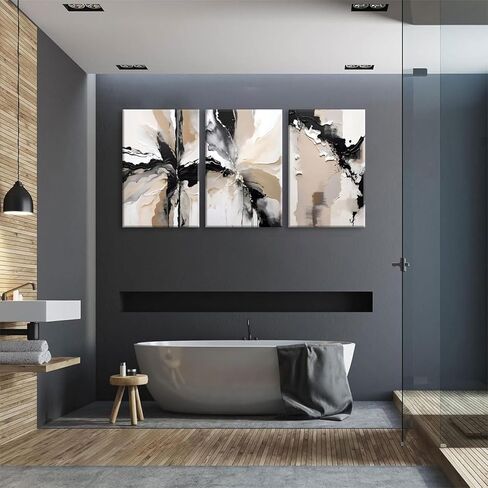 lyphnx مؤطرة باللونين الأسود والبني مجردة هندسية قماش جدار الفن الحديث رمادي أبيض بيج طباعة ملصق مجموعة من 3 اللوحة السكتات الدماغية فرشاة الطين صورة ديكور المنزل للحمام غرفة نوم مكتب 12 "x16" in Kuwait