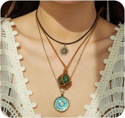 FUTIMELY Layered Green Stone Pendant Necklace Set,Bohemia Brown Leather Geometric Stone Statement Choker,Vintage Layering Sun Round Pendant Neck Jewelry in Saudi Arabia