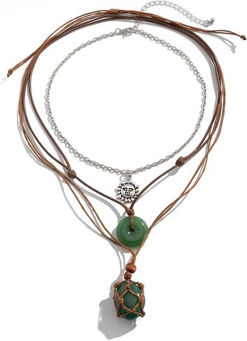 FUTIMELY Layered Green Stone Pendant Necklace Set,Bohemia Brown Leather Geometric Stone Statement Choker,Vintage Layering Sun Round Pendant Neck Jewelry in Saudi Arabia
