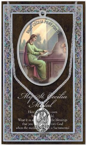 WJH St Cecilia Pewter ميدالية بيضاوية مع سلسلة مستمرة من الفولاذ المقاوم للصدأ | شفيع الموسيقيين in Saudi Arabia