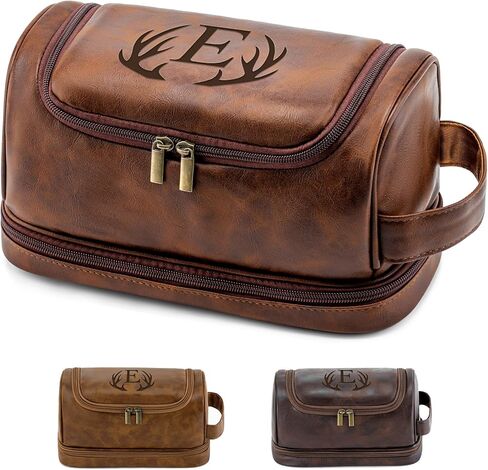 Personalized Gifts Travel Toiletry Bag for Men, Engraved Initial PU Leather Waterproof Shaving Bag, Groomsmen Present Christmas Birthday Gifts for Men Dad Husband Son Boyfriend (Light Brown O) in Kuwait