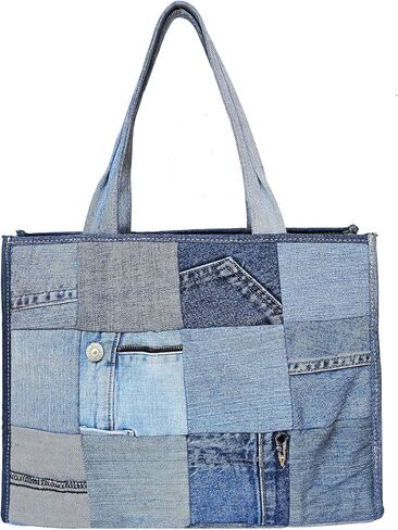 Upcycled Denim Patchwork Tote Bag for Women, Handmade Quilted Jean Purse, Large Vintage Top Handle Handbag in Kuwait