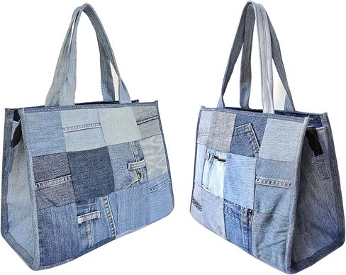 Upcycled Denim Patchwork Tote Bag for Women, Handmade Quilted Jean Purse, Large Vintage Top Handle Handbag in Kuwait