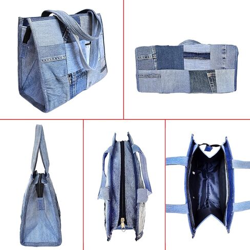 Upcycled Denim Patchwork Tote Bag for Women, Handmade Quilted Jean Purse, Large Vintage Top Handle Handbag in Kuwait