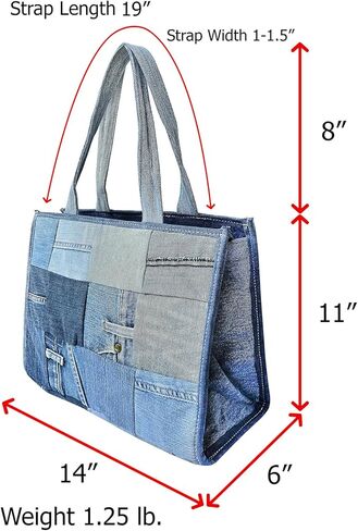 Upcycled Denim Patchwork Tote Bag for Women, Handmade Quilted Jean Purse, Large Vintage Top Handle Handbag in Kuwait