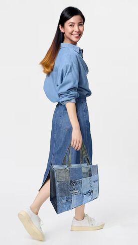 Upcycled Denim Patchwork Tote Bag for Women, Handmade Quilted Jean Purse, Large Vintage Top Handle Handbag in Kuwait