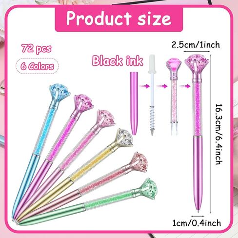 72 Pcs Diamond Pens with Crystal, Pens with Diamonds on Top, Bling Ballpoint Pen Bulk Black Ink 1.0mm Refill for Office Wedding Bridal Shower Birthday Party Gifts (6 Colors) in Kuwait