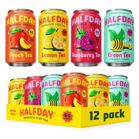 HALFDAY Prebiotic Iced Tea Lemon, Peach & Raspberry Variety Pack, Supports Digestive & Gut Health, Plant Fiber & Prebiotics, Low Sugar, 30 Calories, Natural Caffiene, Gluten Free, 12 fl oz (12 pack) in Kuwait