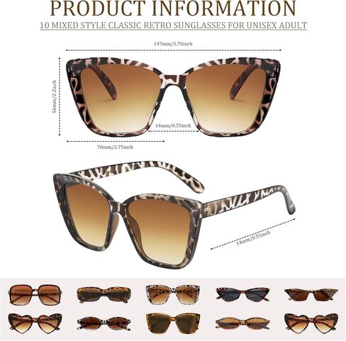 Dreamfox 10 حزمة مزيج نمط حزب النظارات الشمسية الكبار السائبة الكلاسيكية الرجعية ليوبارد النظارات الشمسية مجموعة للنساء الرجال خمر مجموعة النظارات الشمسية للسفر الشاطئ in Kuwait