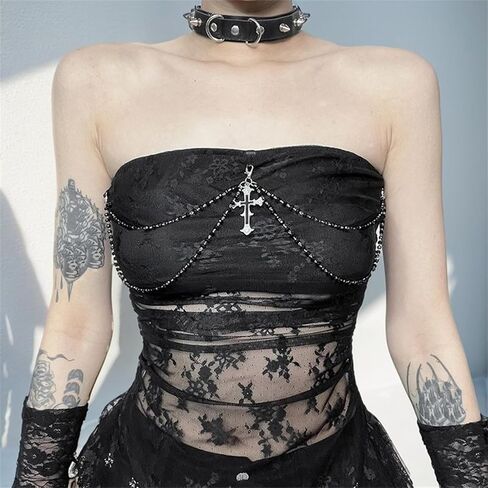 Goth Asymmetrical Strapless Tops for Women Y2k Lace Punk Fairy Sheer Mesh Emo Grunge See Through Backless in Kuwait