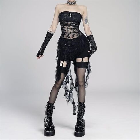 Goth Asymmetrical Strapless Tops for Women Y2k Lace Punk Fairy Sheer Mesh Emo Grunge See Through Backless in Kuwait