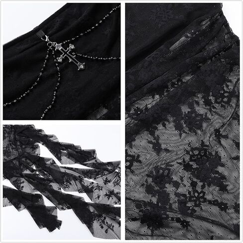 Goth Asymmetrical Strapless Tops for Women Y2k Lace Punk Fairy Sheer Mesh Emo Grunge See Through Backless in Kuwait