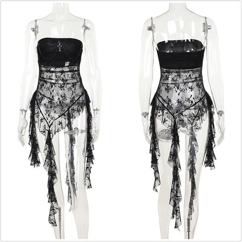 Goth Asymmetrical Strapless Tops for Women Y2k Lace Punk Fairy Sheer Mesh Emo Grunge See Through Backless in Kuwait
