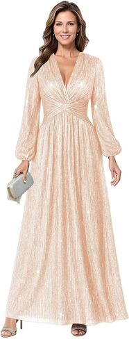 Long Sleeve Wedding Guest Dress Glitter Tulle Mother of The Bride Dresses for Women V Neck Formal Gown in Saudi Arabia