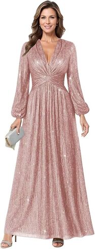 Long Sleeve Wedding Guest Dress Glitter Tulle Mother of The Bride Dresses for Women V Neck Formal Gown in Saudi Arabia