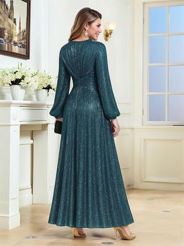 Long Sleeve Wedding Guest Dress Glitter Tulle Mother of The Bride Dresses for Women V Neck Formal Gown in Saudi Arabia
