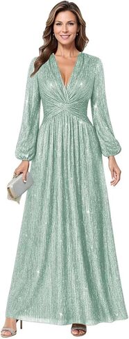 Long Sleeve Wedding Guest Dress Glitter Tulle Mother of The Bride Dresses for Women V Neck Formal Gown in Saudi Arabia