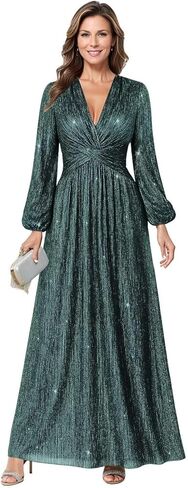 Long Sleeve Wedding Guest Dress Glitter Tulle Mother of The Bride Dresses for Women V Neck Formal Gown in Saudi Arabia