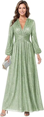 Long Sleeve Wedding Guest Dress Glitter Tulle Mother of The Bride Dresses for Women V Neck Formal Gown in Saudi Arabia