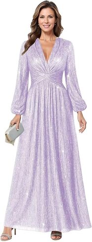 Long Sleeve Wedding Guest Dress Glitter Tulle Mother of The Bride Dresses for Women V Neck Formal Gown in Saudi Arabia