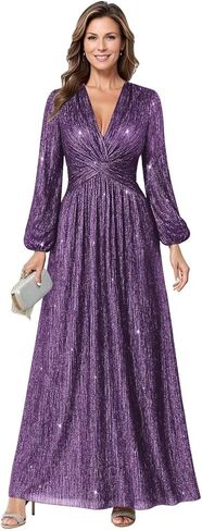 Long Sleeve Wedding Guest Dress Glitter Tulle Mother of The Bride Dresses for Women V Neck Formal Gown in Saudi Arabia