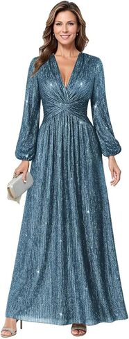 Long Sleeve Wedding Guest Dress Glitter Tulle Mother of The Bride Dresses for Women V Neck Formal Gown in Saudi Arabia