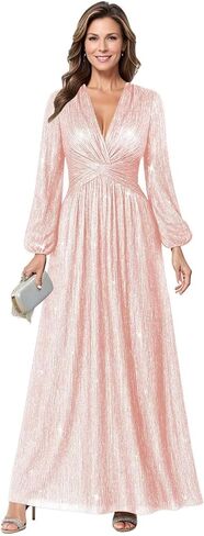 Long Sleeve Wedding Guest Dress Glitter Tulle Mother of The Bride Dresses for Women V Neck Formal Gown in Saudi Arabia